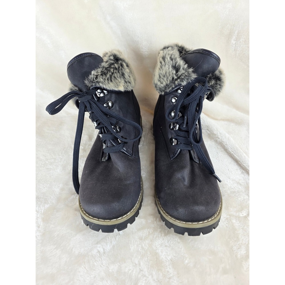 Womens Black Faux Fur Trim Lace Up Combat Boots Lug Sole Ankle Booties